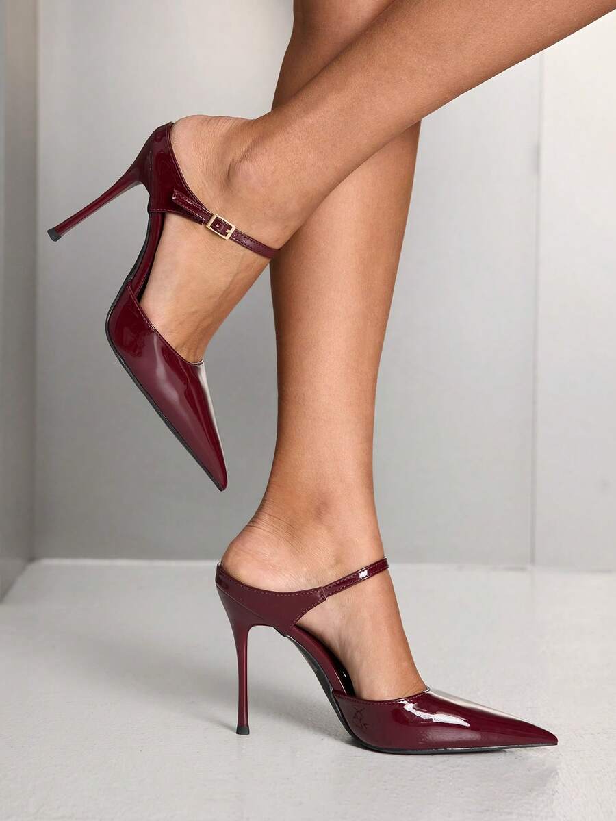 Burgundy pointed toe stiletto high heels with ankle strap buckle detail in patent PU leather