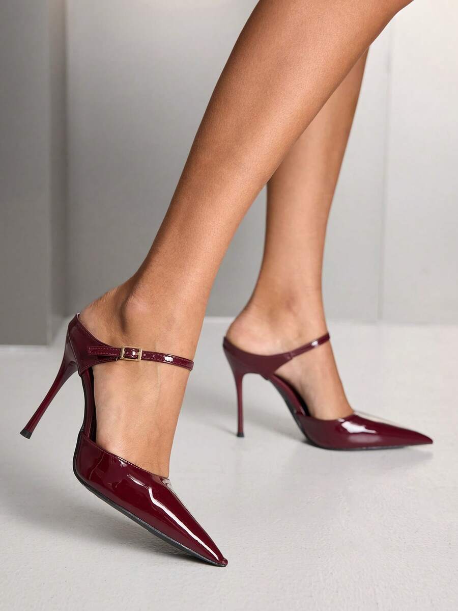 Burgundy pointed toe stiletto high heels with ankle strap buckle detail in patent PU leather