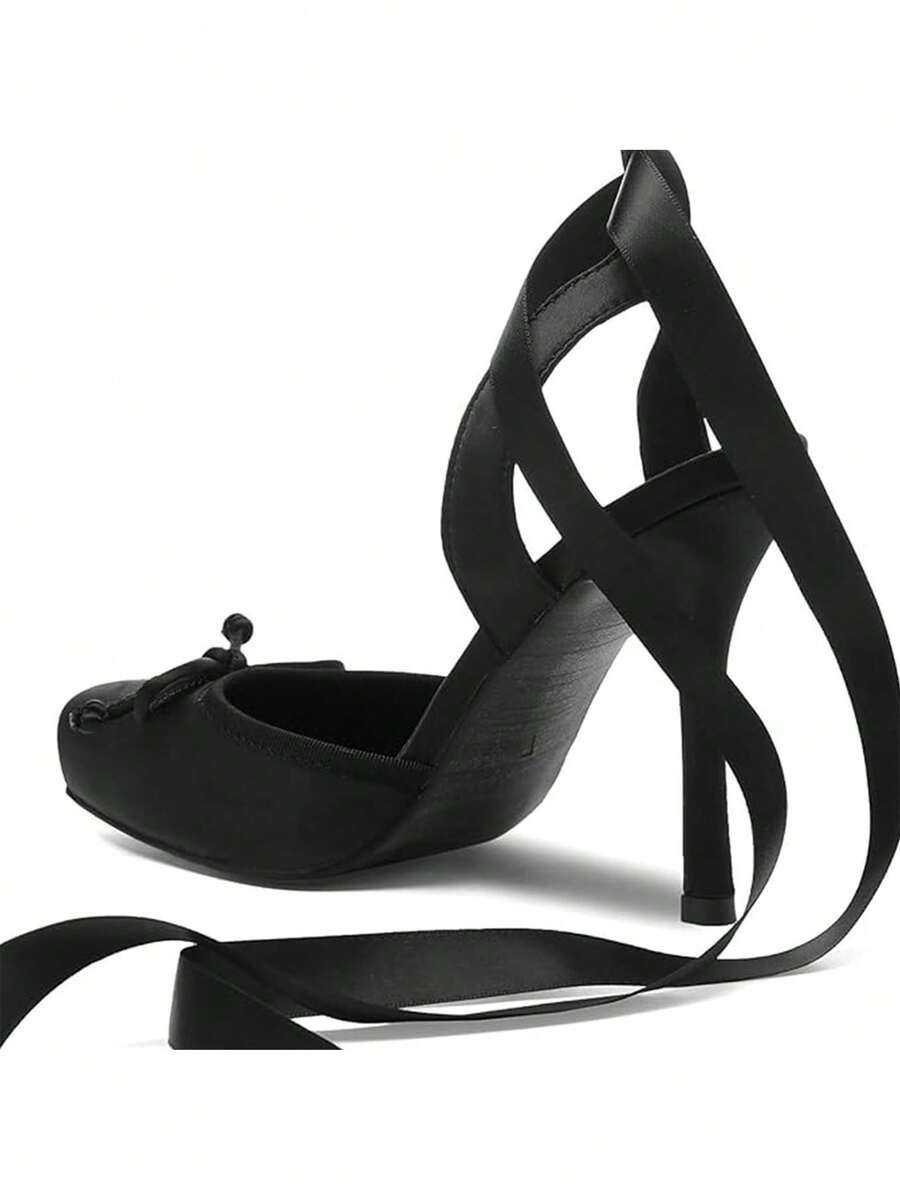 Women's square toe satin ballet stiletto heels with lace-up straps and bow detail.