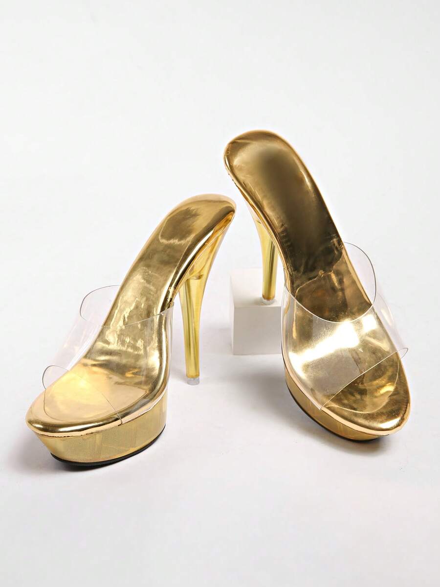 Transparent chunky heel platform slide sandals for women featuring clear PVC upper, open toe design, and ultra high heels.