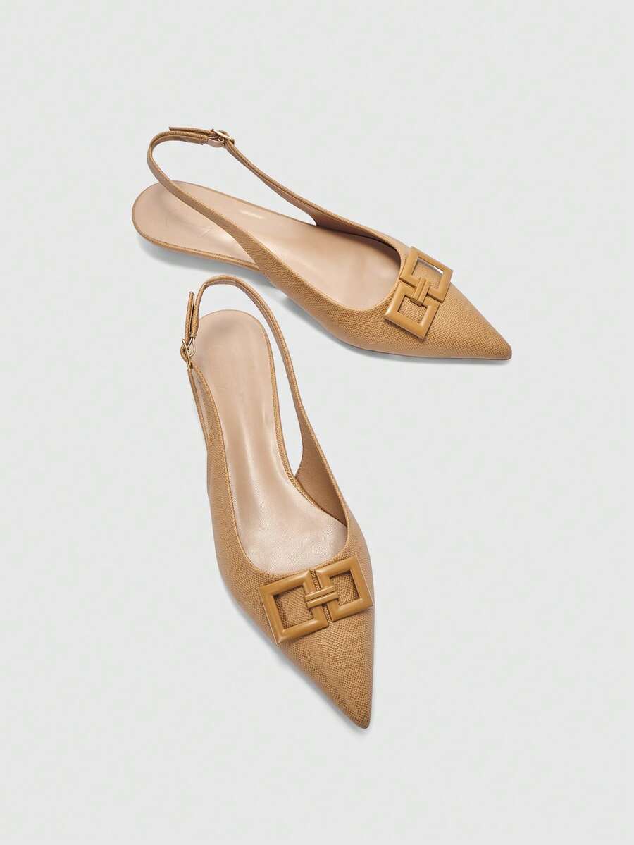 Women's pointed toe low wedge flat shoes crafted in PU leather with a slingback strap and stylish metal buckle detail.