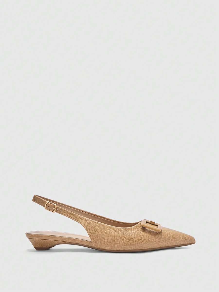 Women's pointed toe low wedge flat shoes crafted in PU leather with a slingback strap and stylish metal buckle detail.