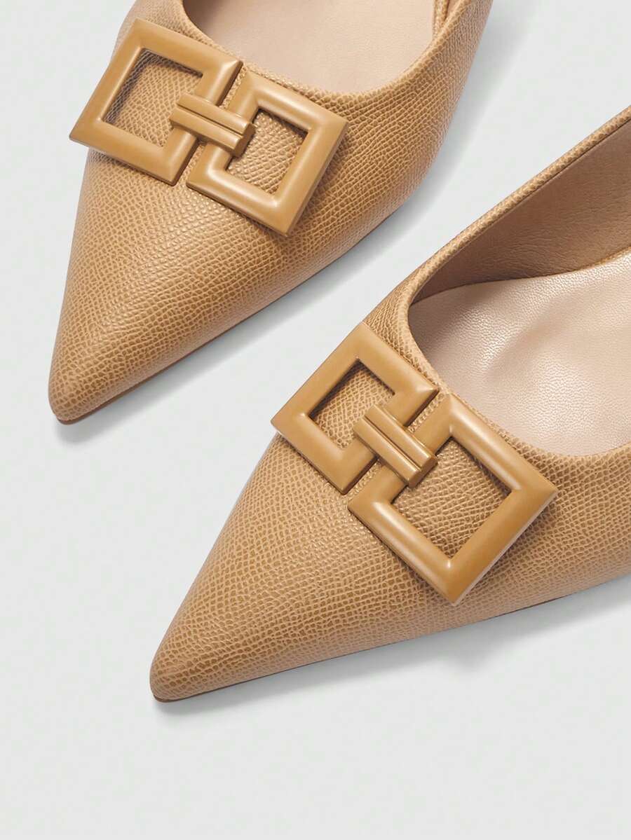 Women's pointed toe low wedge flat shoes crafted in PU leather with a slingback strap and stylish metal buckle detail.