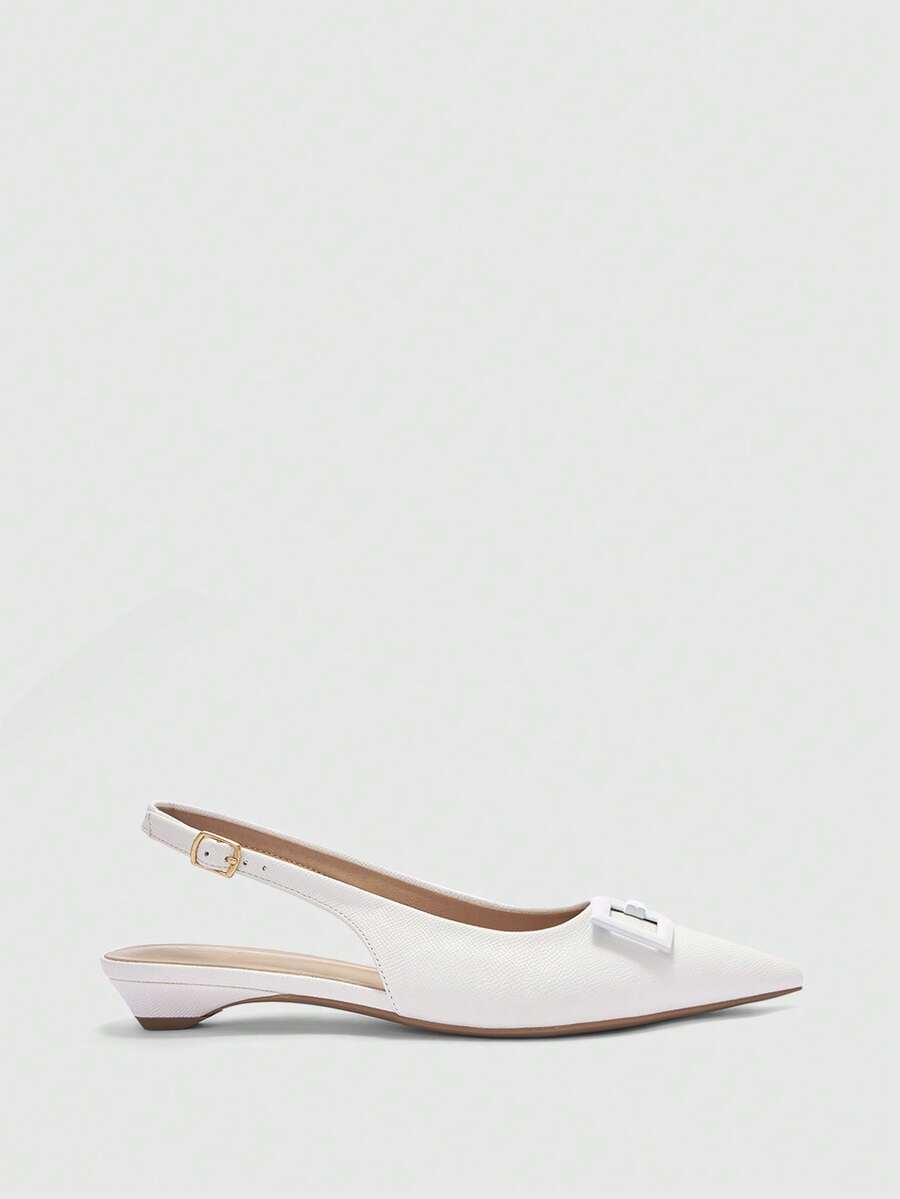 Women's pointed toe low wedge flat shoes crafted in PU leather with a slingback strap and stylish metal buckle detail.