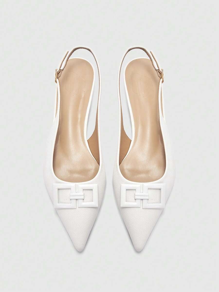 Women's pointed toe low wedge flat shoes crafted in PU leather with a slingback strap and stylish metal buckle detail.