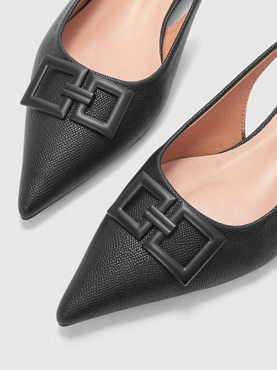 Women's pointed toe low wedge flat shoes crafted in PU leather with a slingback strap and stylish metal buckle detail.