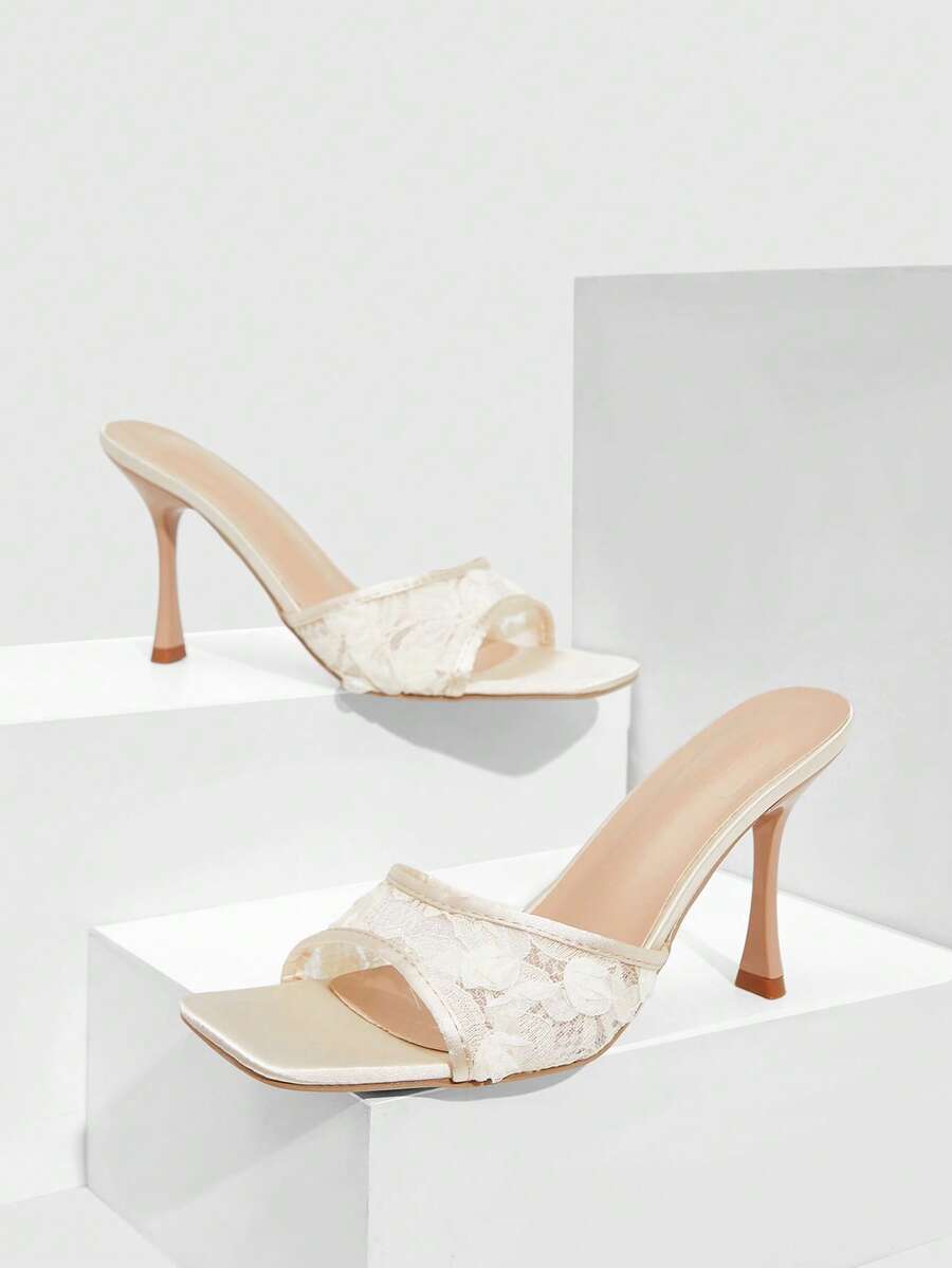 Lace square toe open toe stiletto high heel sandals with sparkling rhinestone ankle strap chain