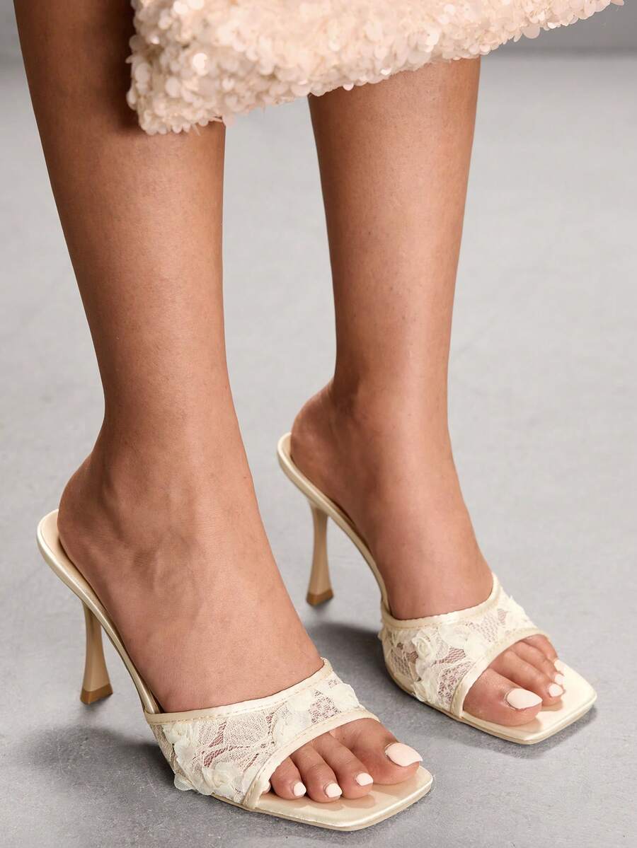 Lace square toe open toe stiletto high heel sandals with sparkling rhinestone ankle strap chain