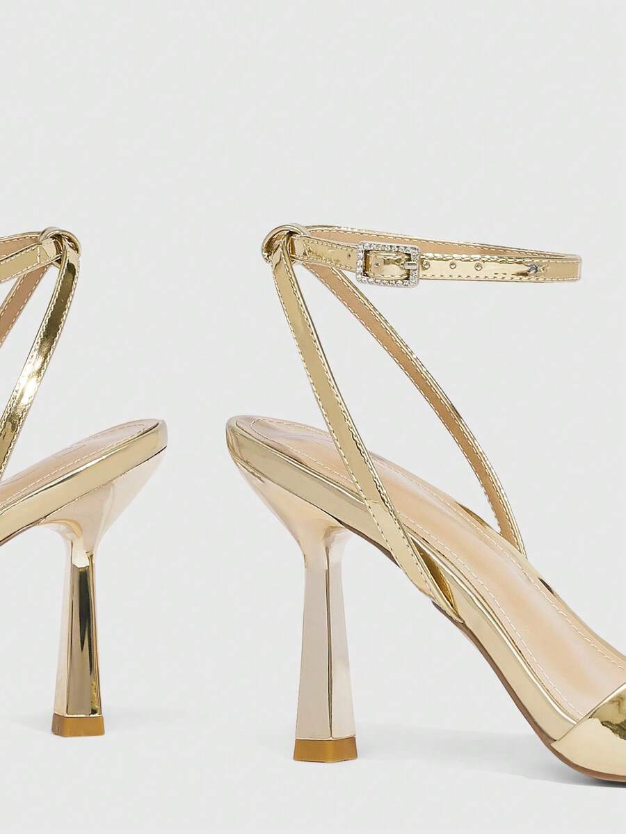 Women's open square toe stiletto high heel sandals featuring thin ankle straps and buckle closure.