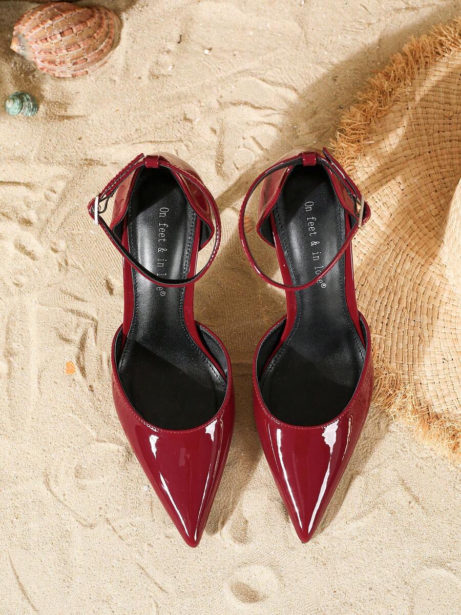 Elegant pointy-toe stiletto high heel pumps with hollow out sides and buckle ankle strap for weddings and evening dresses.