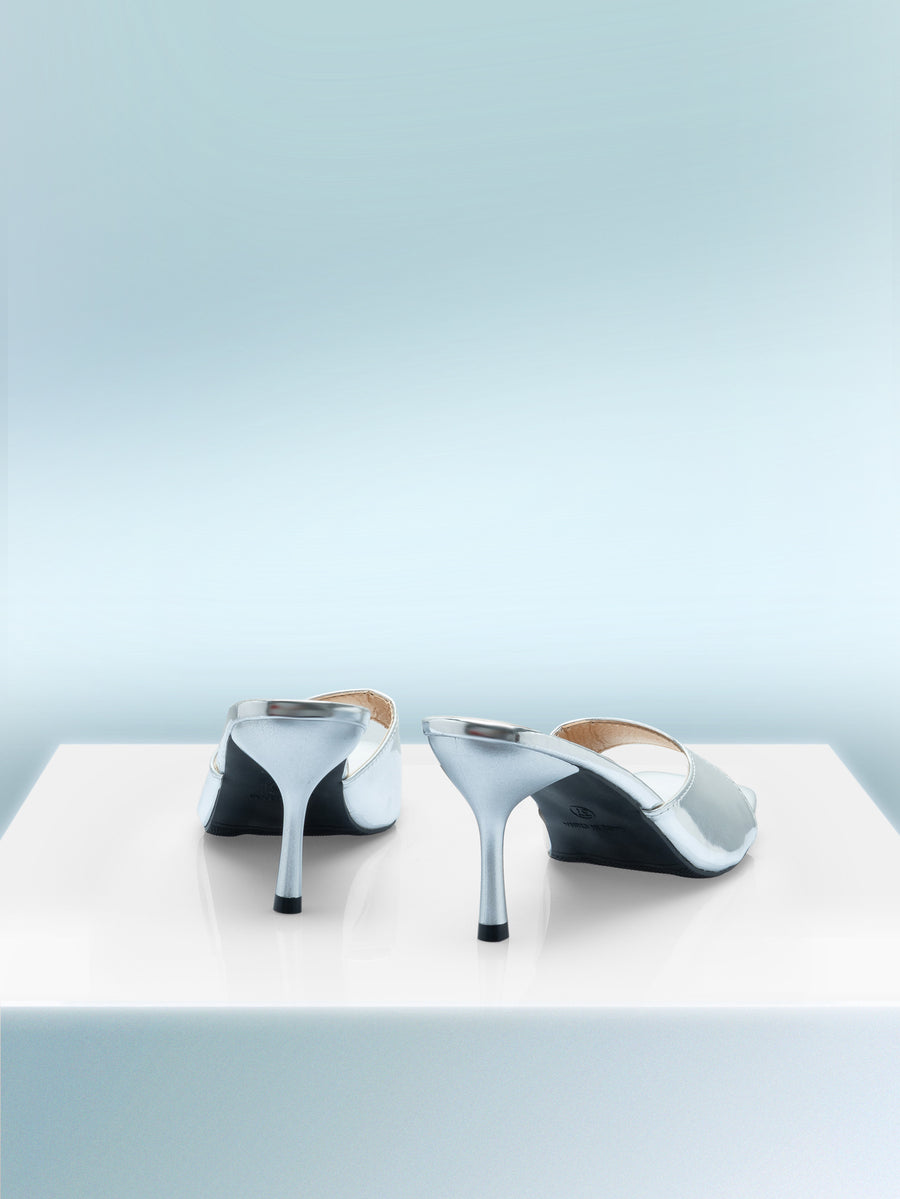 Women's silver square toe strap high heel sandals with open toe and slip-on slingback design