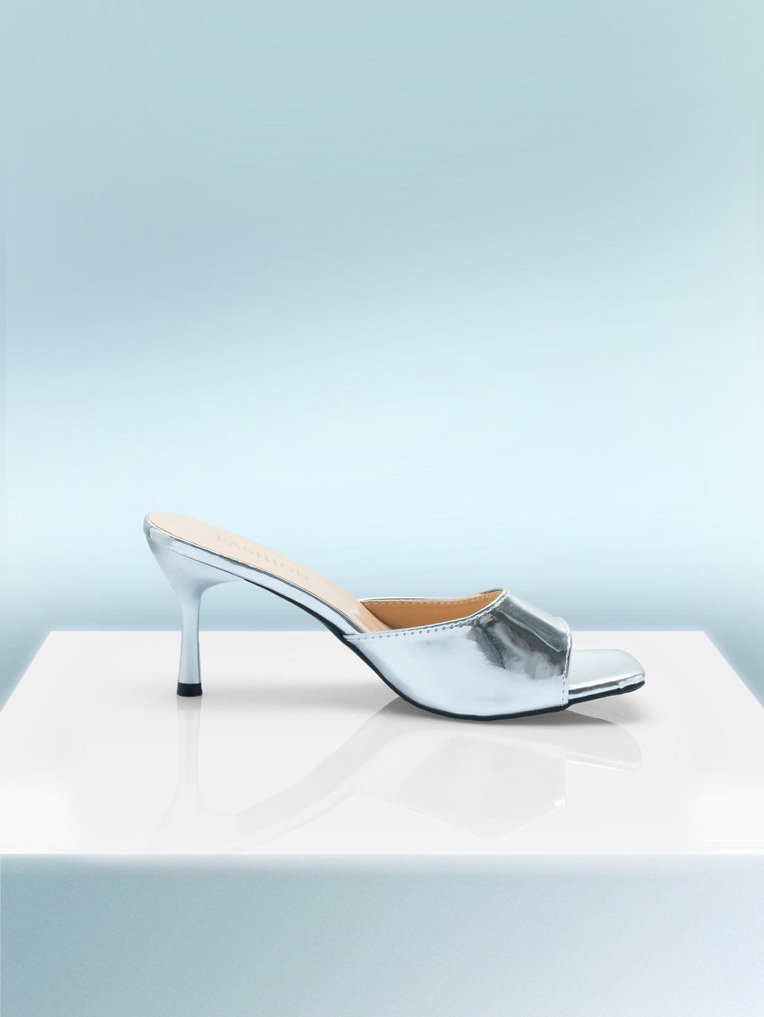 Women's silver square toe strap high heel sandals with open toe and slip-on slingback design