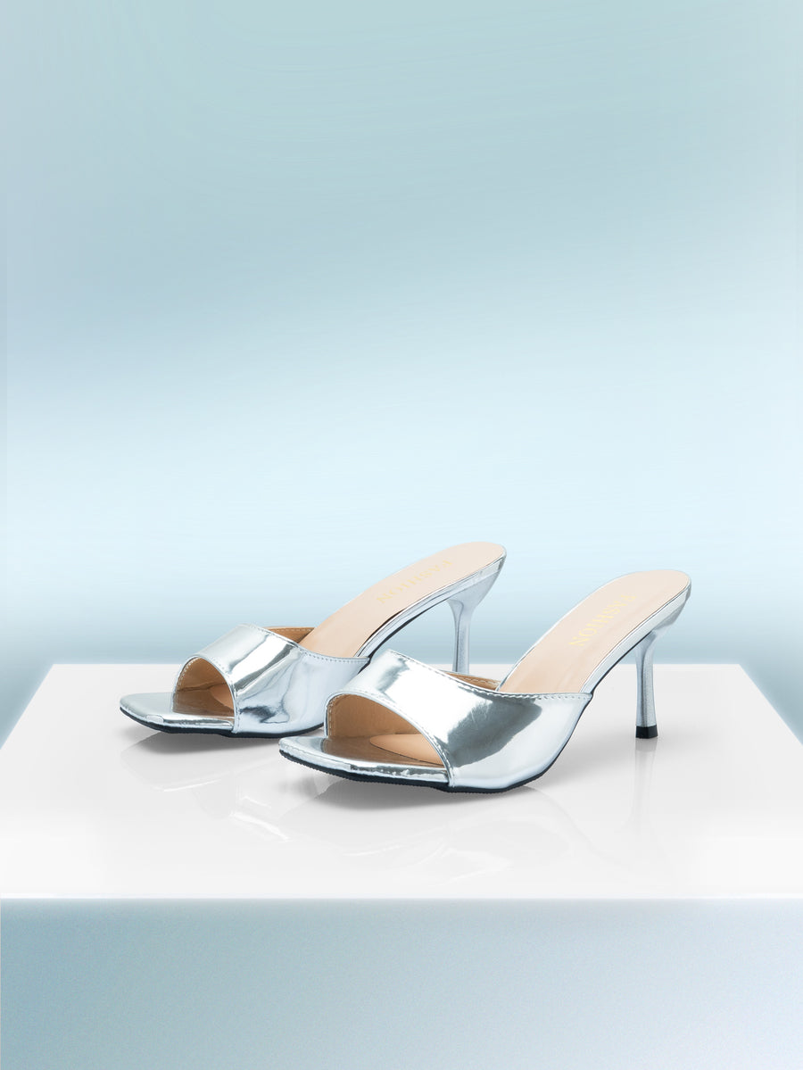 Women's silver square toe strap high heel sandals with open toe and slip-on slingback design