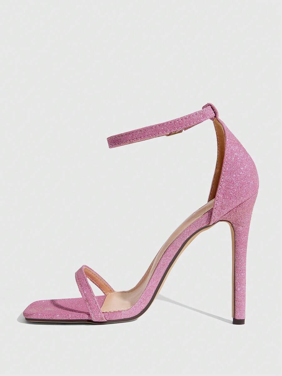 Square toe high-heeled sandals with thin straps, stiletto heel, and buckle ankle strap
