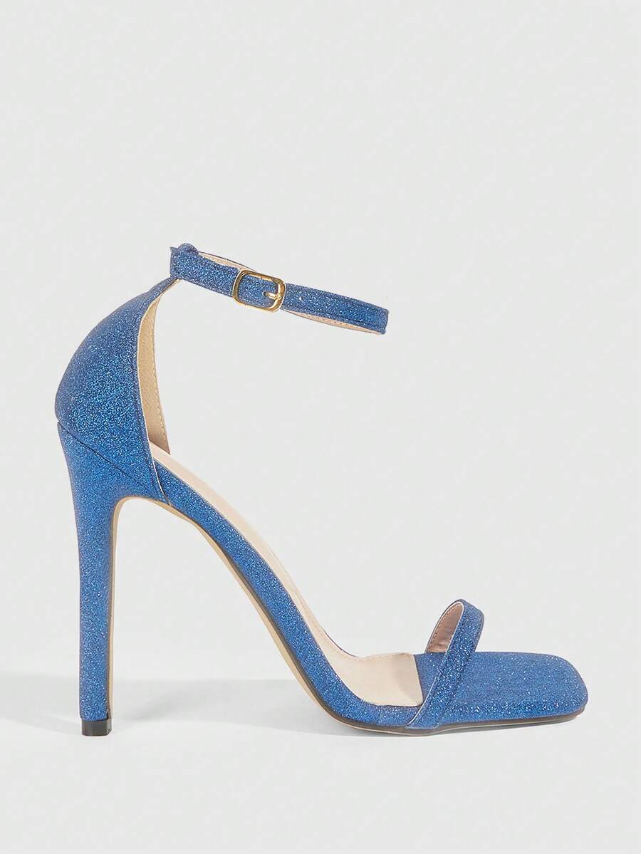 Square toe high-heeled sandals with thin straps, stiletto heel, and buckle ankle strap
