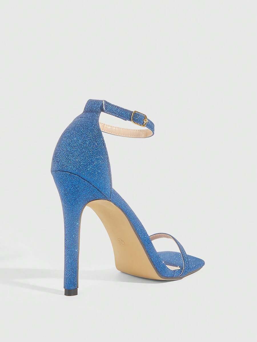 Square toe high-heeled sandals with thin straps, stiletto heel, and buckle ankle strap