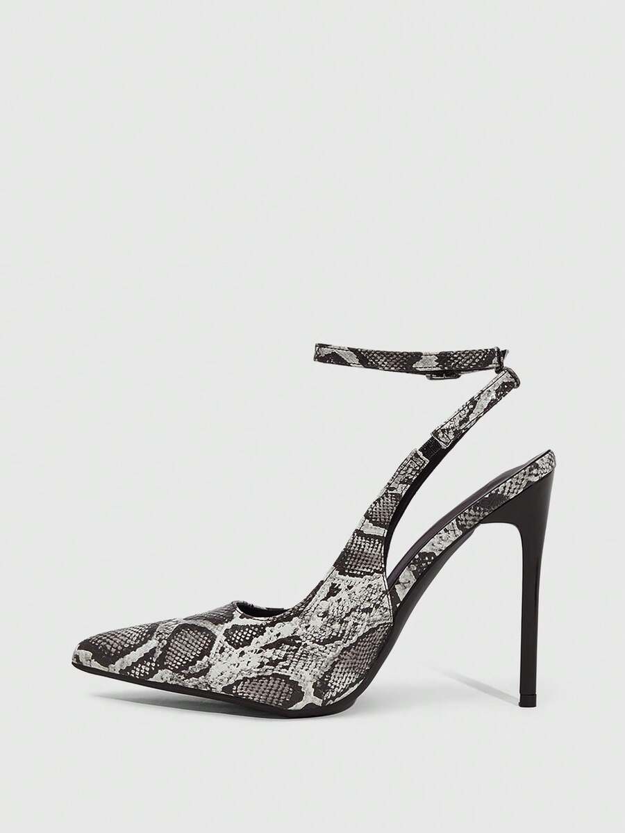 Pointed toe stiletto high heels with slingback silhouette and adjustable buckle ankle strap.