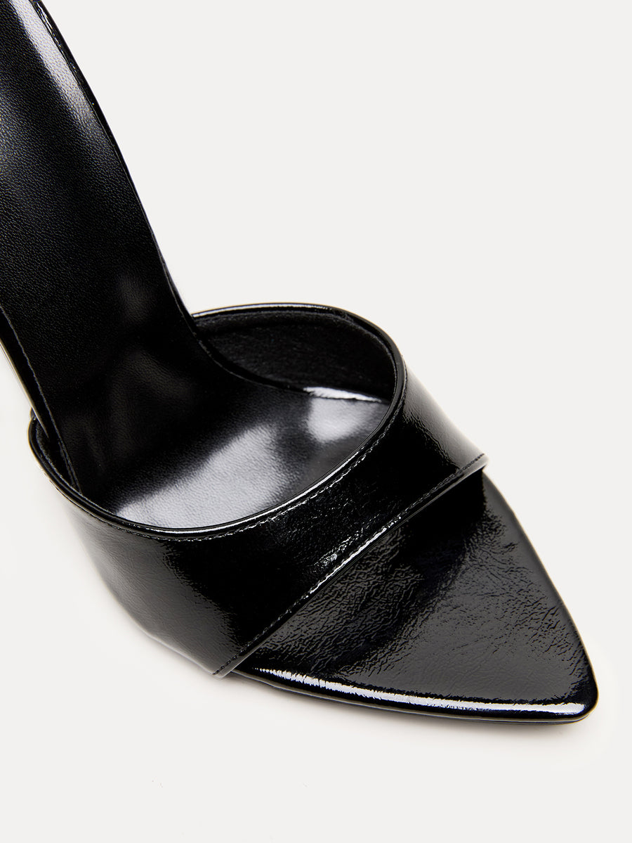 Black metallic PU leather high heel stiletto sandals featuring an open toe and slip-on design for women.