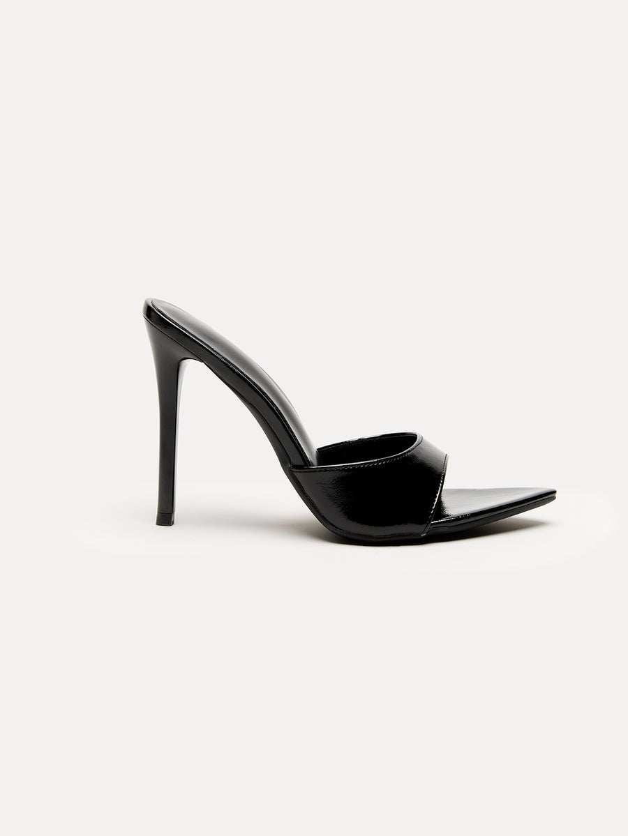 Black metallic PU leather high heel stiletto sandals featuring an open toe and slip-on design for women.