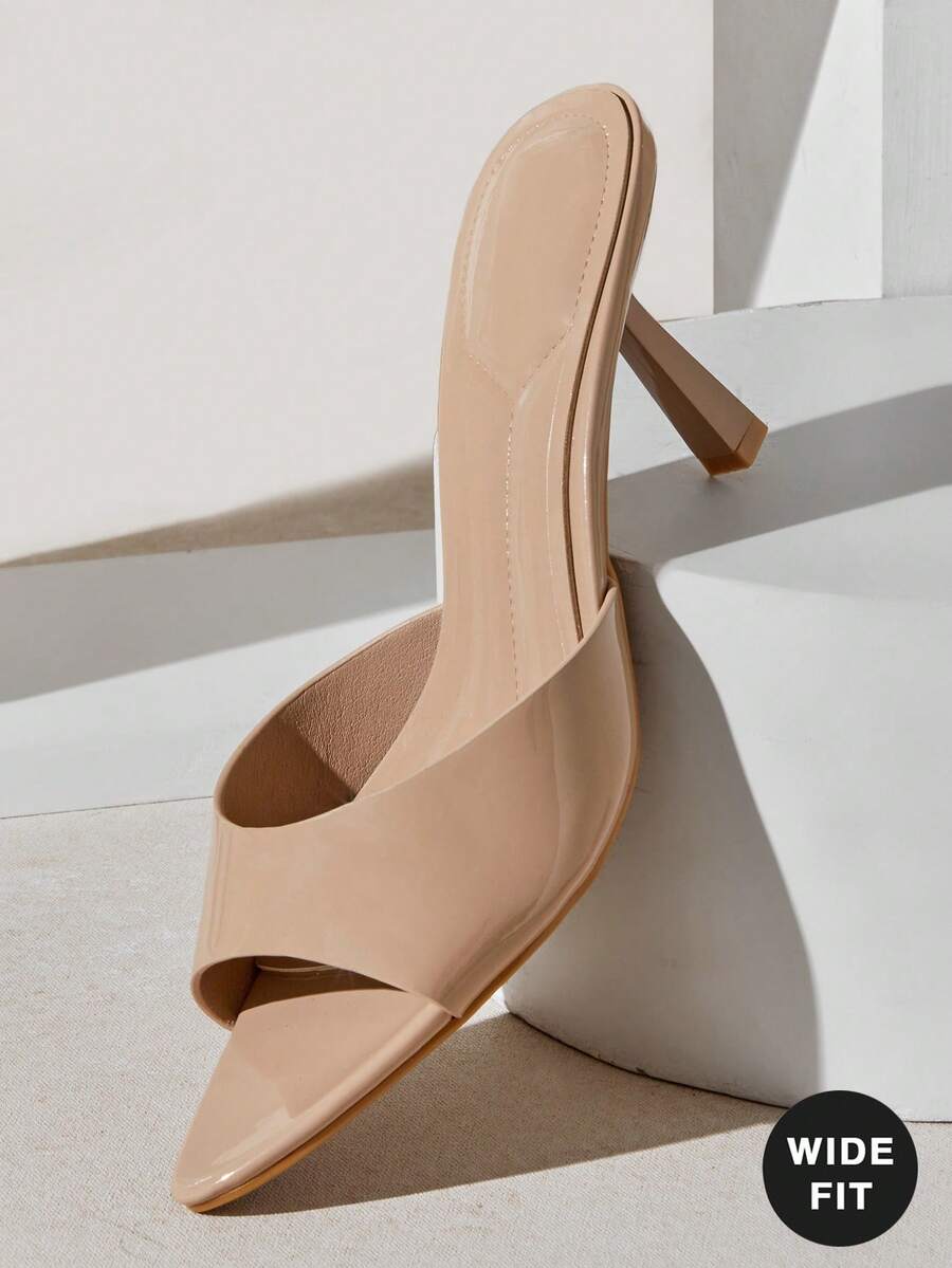 Women's wide-fit stiletto heel sandals in glossy patent PU with a sleek point toe design