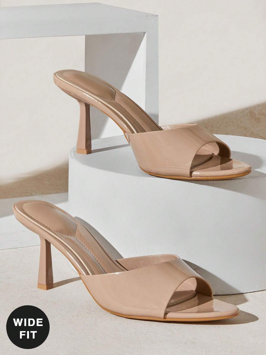 Women's wide-fit stiletto heel sandals in glossy patent PU with a sleek point toe design