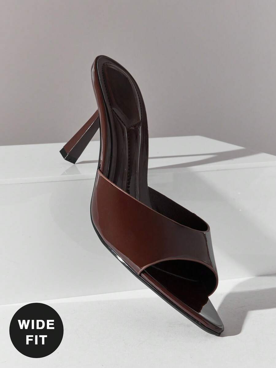 Women's wide-fit stiletto heel sandals in glossy patent PU with a sleek point toe design