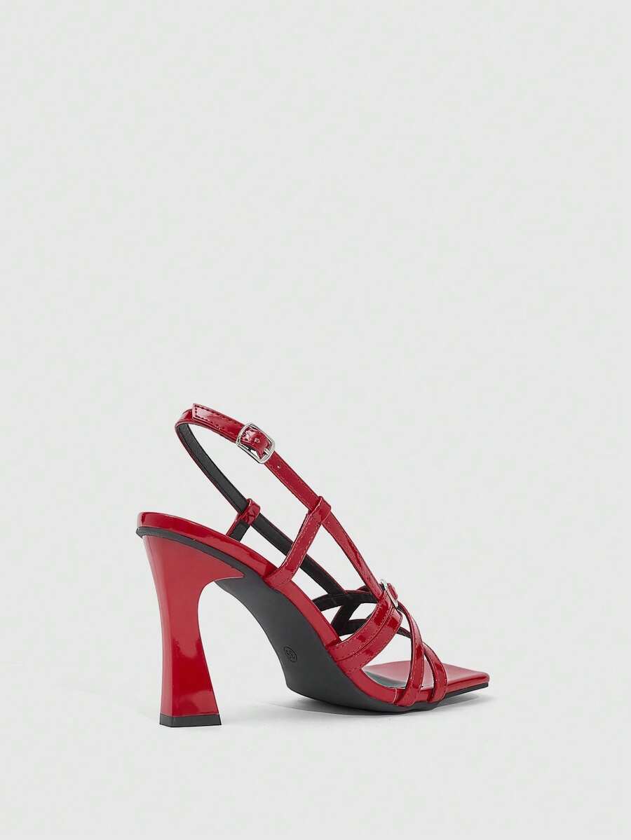 Women's square toe high heel sandals featuring cross straps, slingback heel support, and stiletto heels.