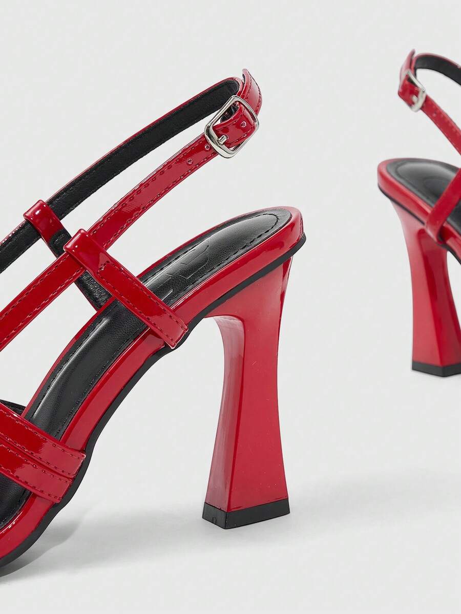 Women's square toe high heel sandals featuring cross straps, slingback heel support, and stiletto heels.