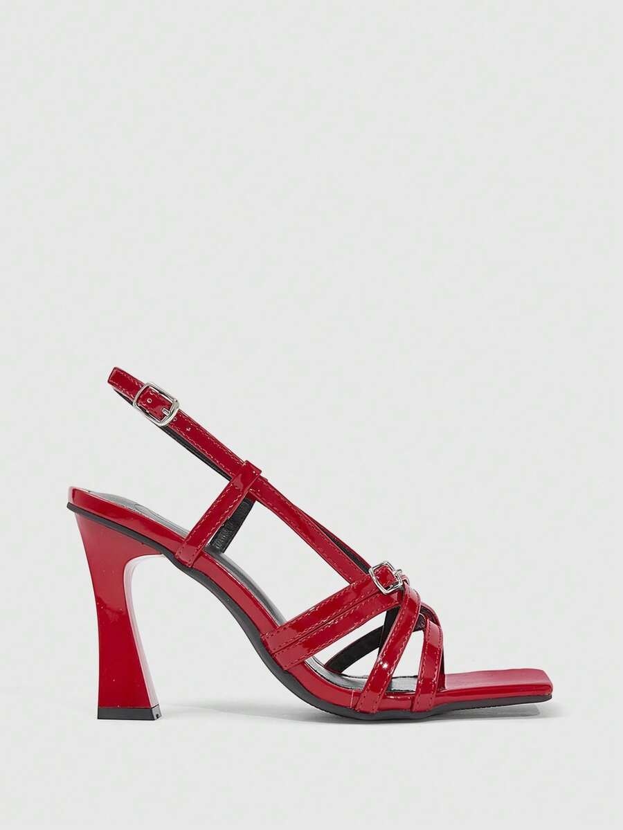 Women's square toe high heel sandals featuring cross straps, slingback heel support, and stiletto heels.