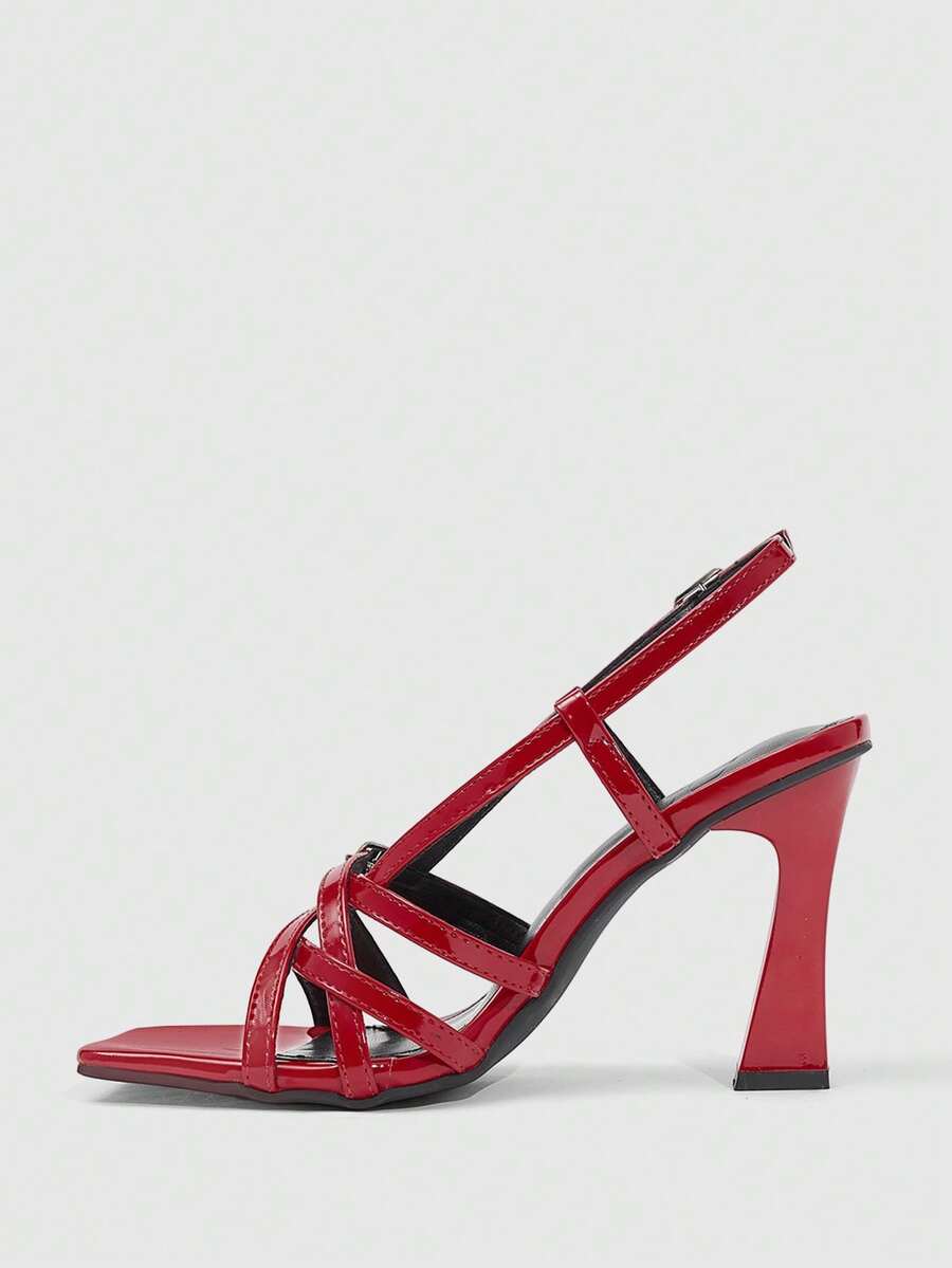 Women's square toe high heel sandals featuring cross straps, slingback heel support, and stiletto heels.