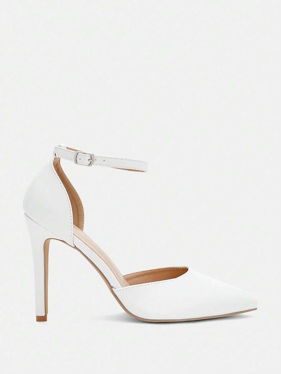 Women's pointed toe stiletto high heels featuring an ankle strap with buckle closure in sleek PU leather.