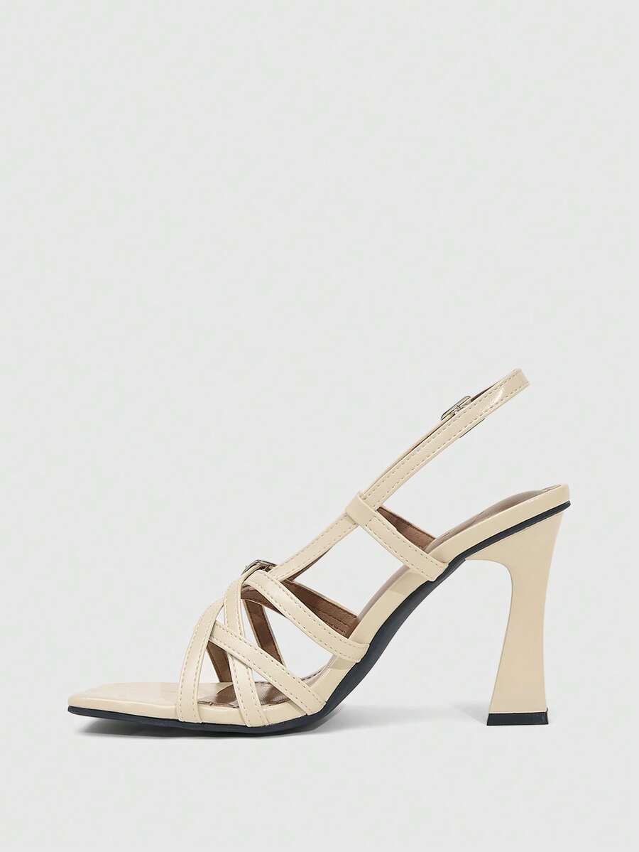 Women's square toe high heel sandals featuring cross straps, slingback heel support, and stiletto heels.