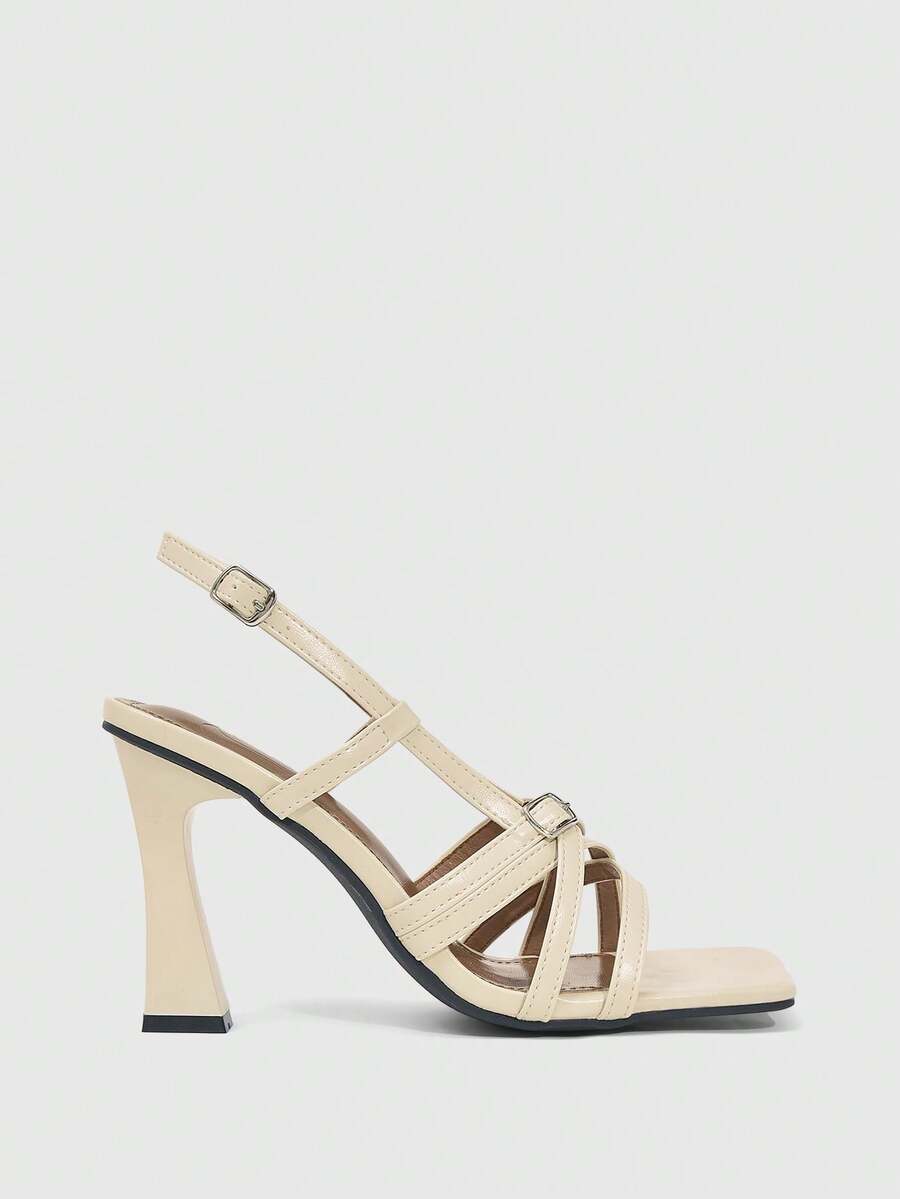 Women's square toe high heel sandals featuring cross straps, slingback heel support, and stiletto heels.