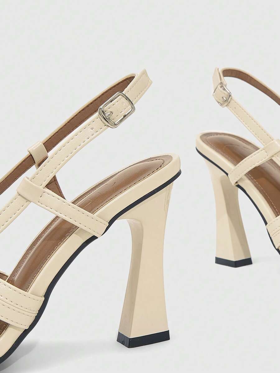 Women's square toe high heel sandals featuring cross straps, slingback heel support, and stiletto heels.