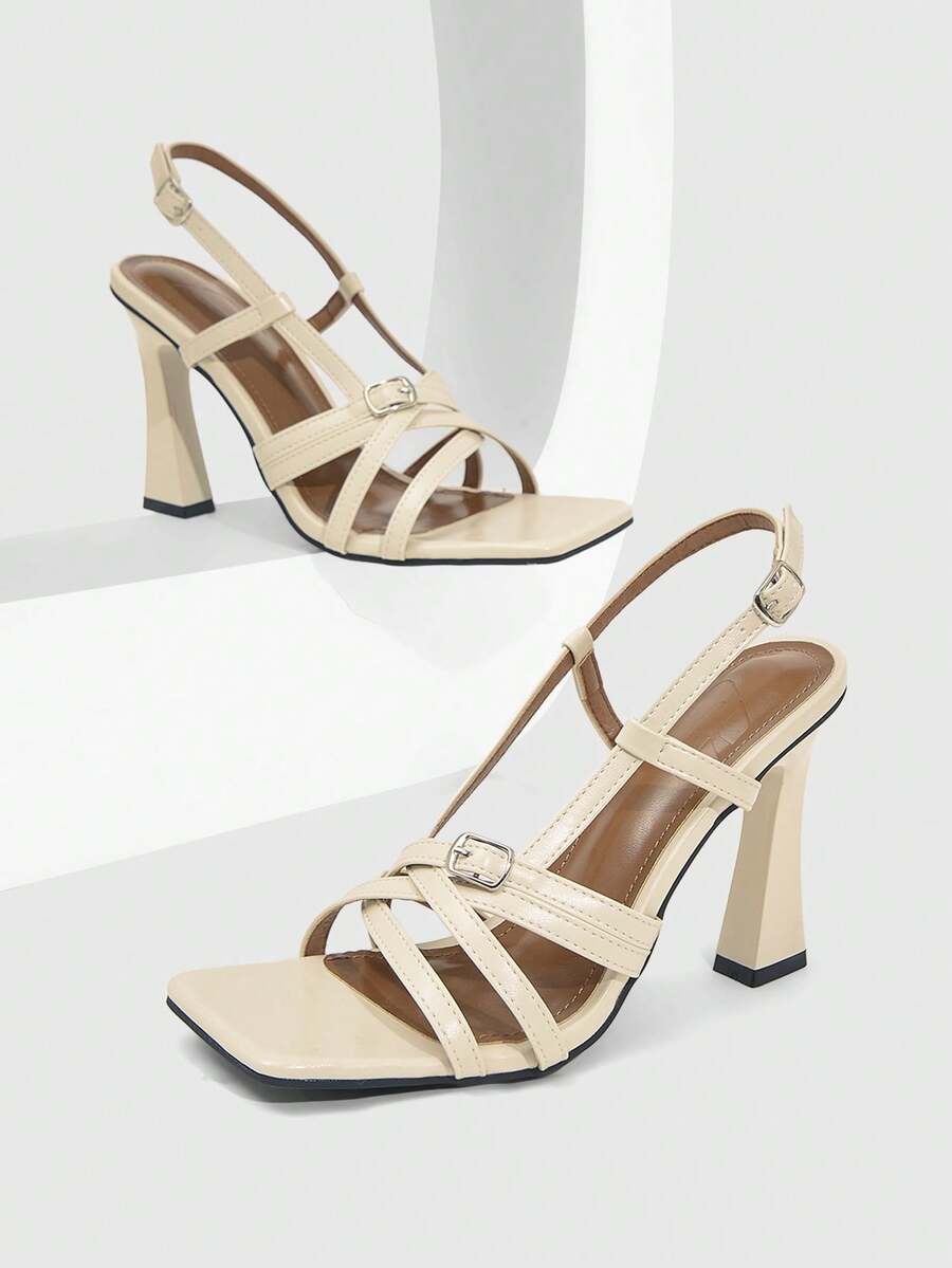 Women's square toe high heel sandals featuring cross straps, slingback heel support, and stiletto heels.