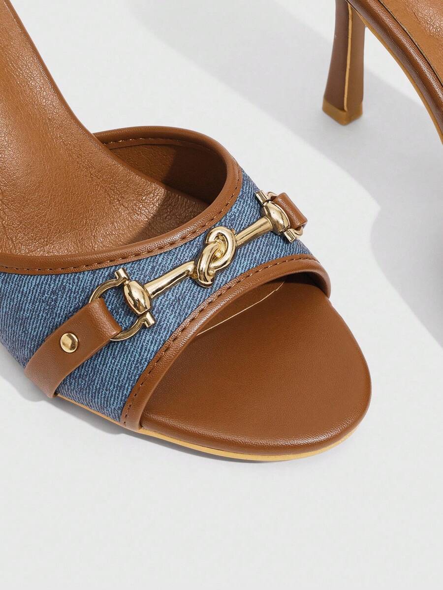 Women's beige high heel mule sandals with open round toe and metal chain detail