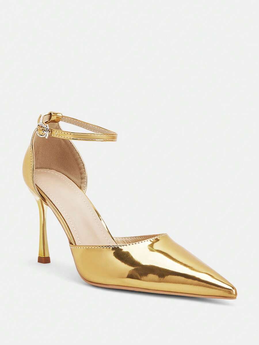 Women's pointed toe stiletto high heels featuring an ankle strap with buckle closure in sleek PU leather.