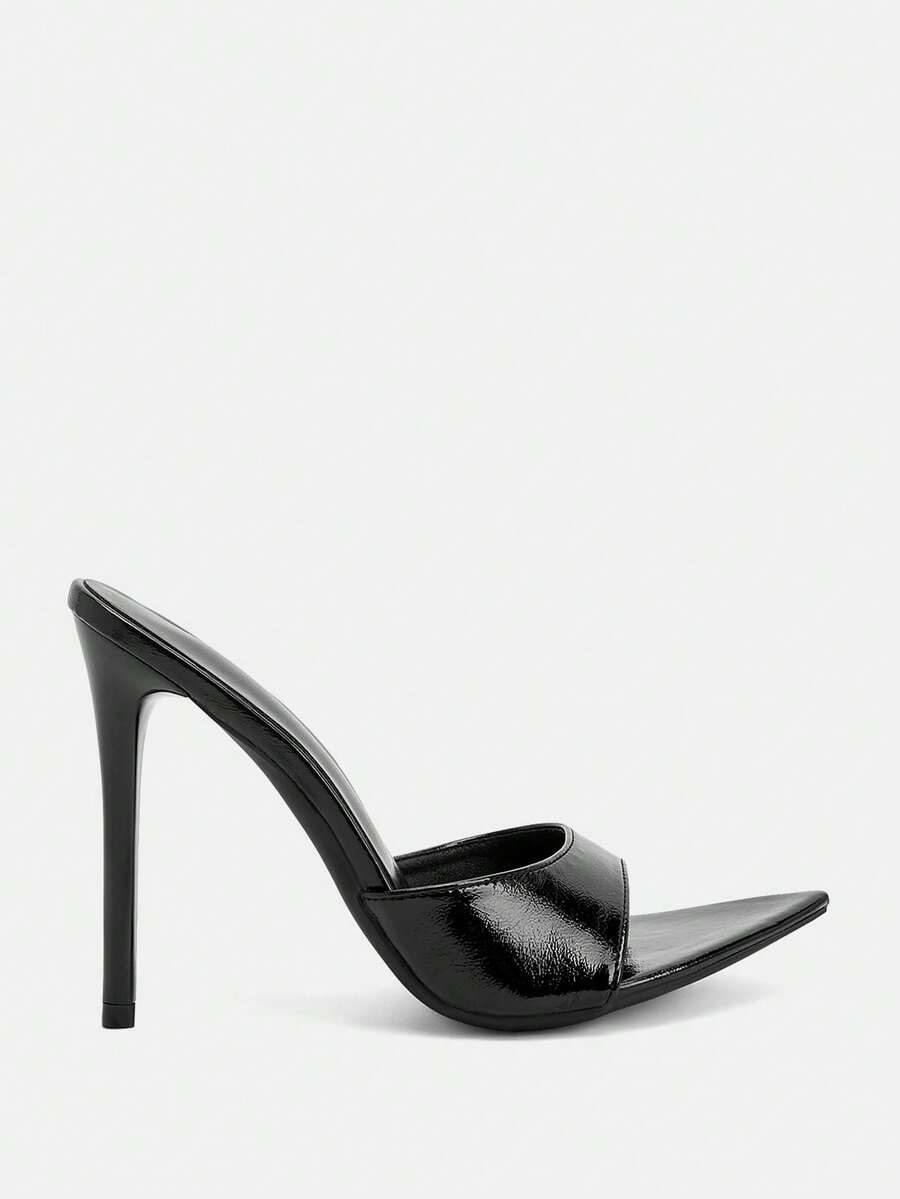 Pair of pointed toe stiletto heel mule sandals with a glossy finish and electroplated thin high heel for wedding and evening party events.
