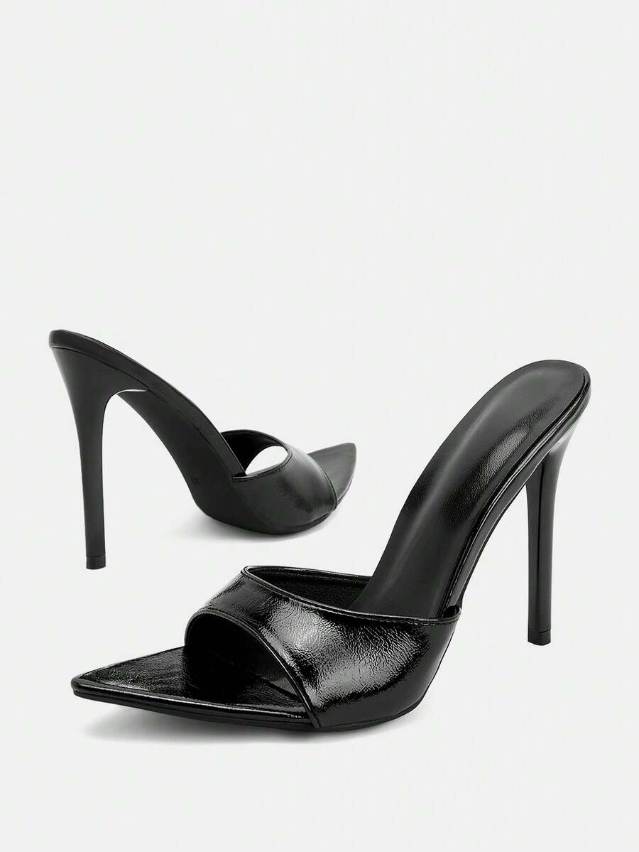 Pair of pointed toe stiletto heel mule sandals with a glossy finish and electroplated thin high heel for wedding and evening party events.