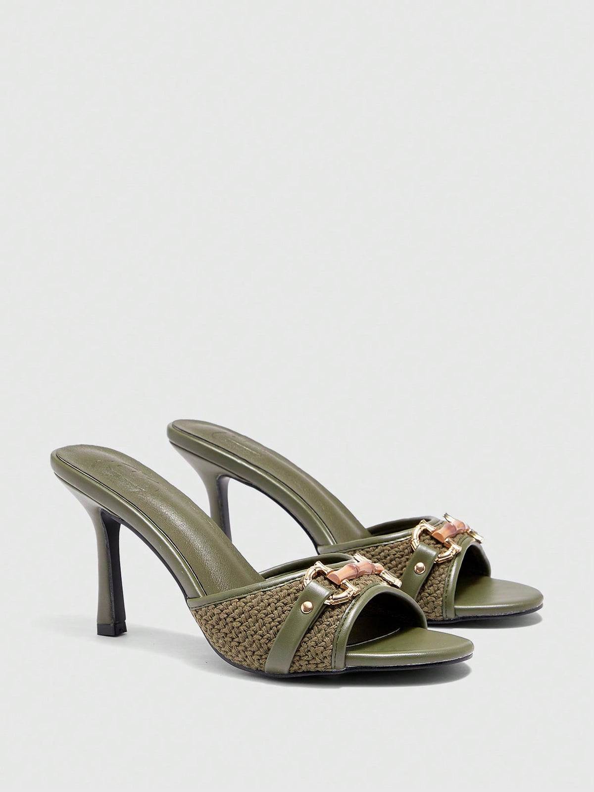 Women's beige high heel mule sandals with open round toe and metal chain detail