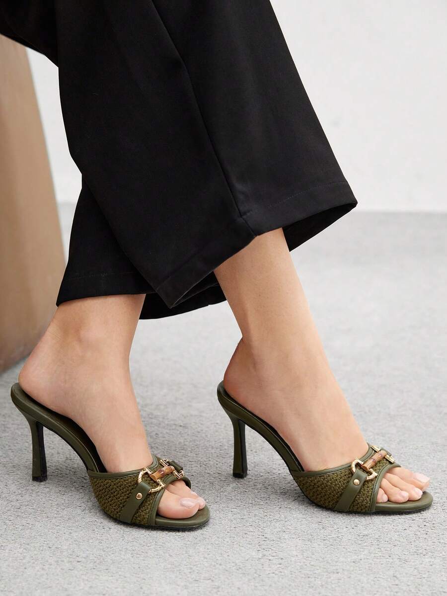 Women's beige high heel mule sandals with open round toe and metal chain detail