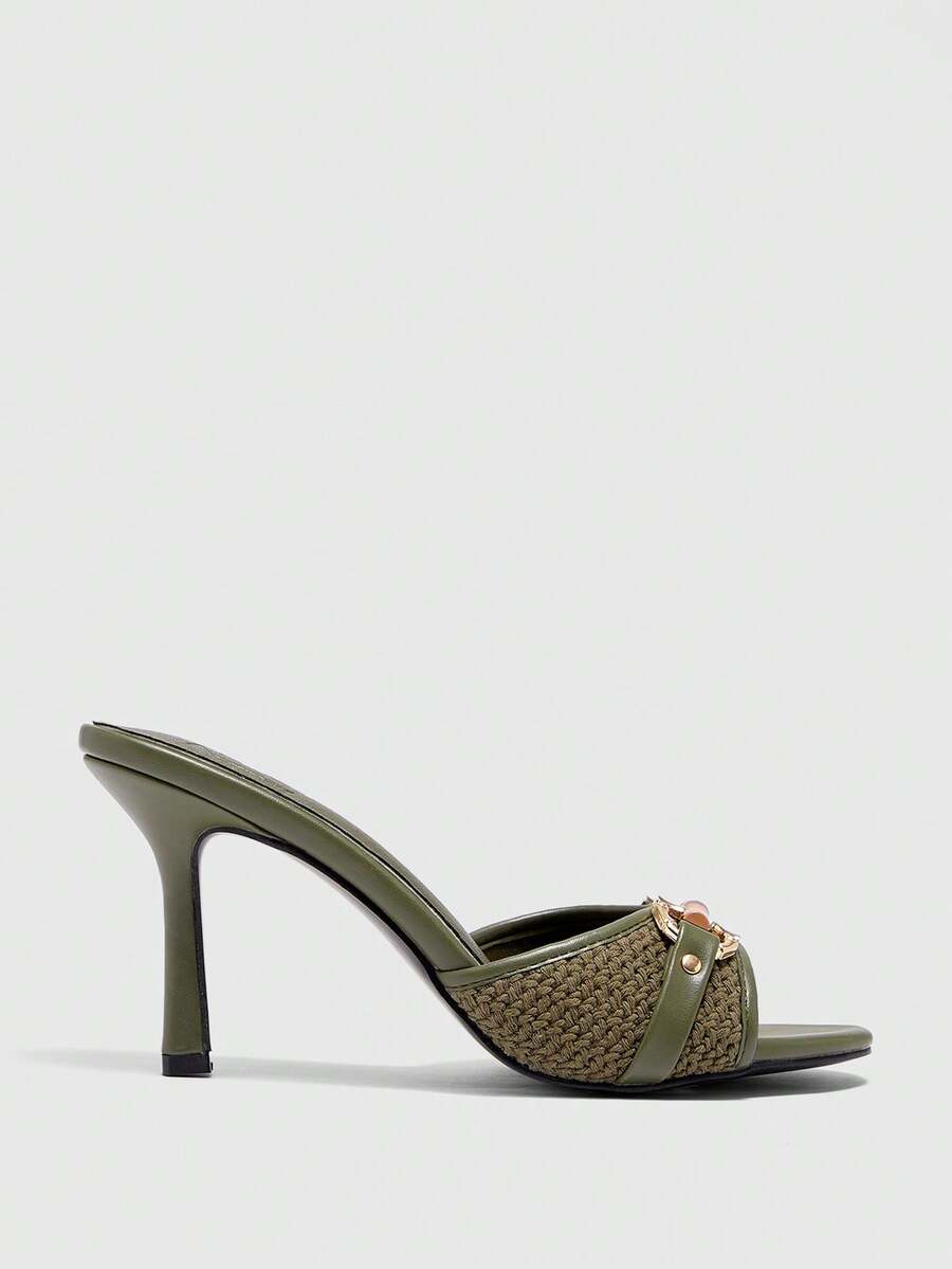 Women's beige high heel mule sandals with open round toe and metal chain detail