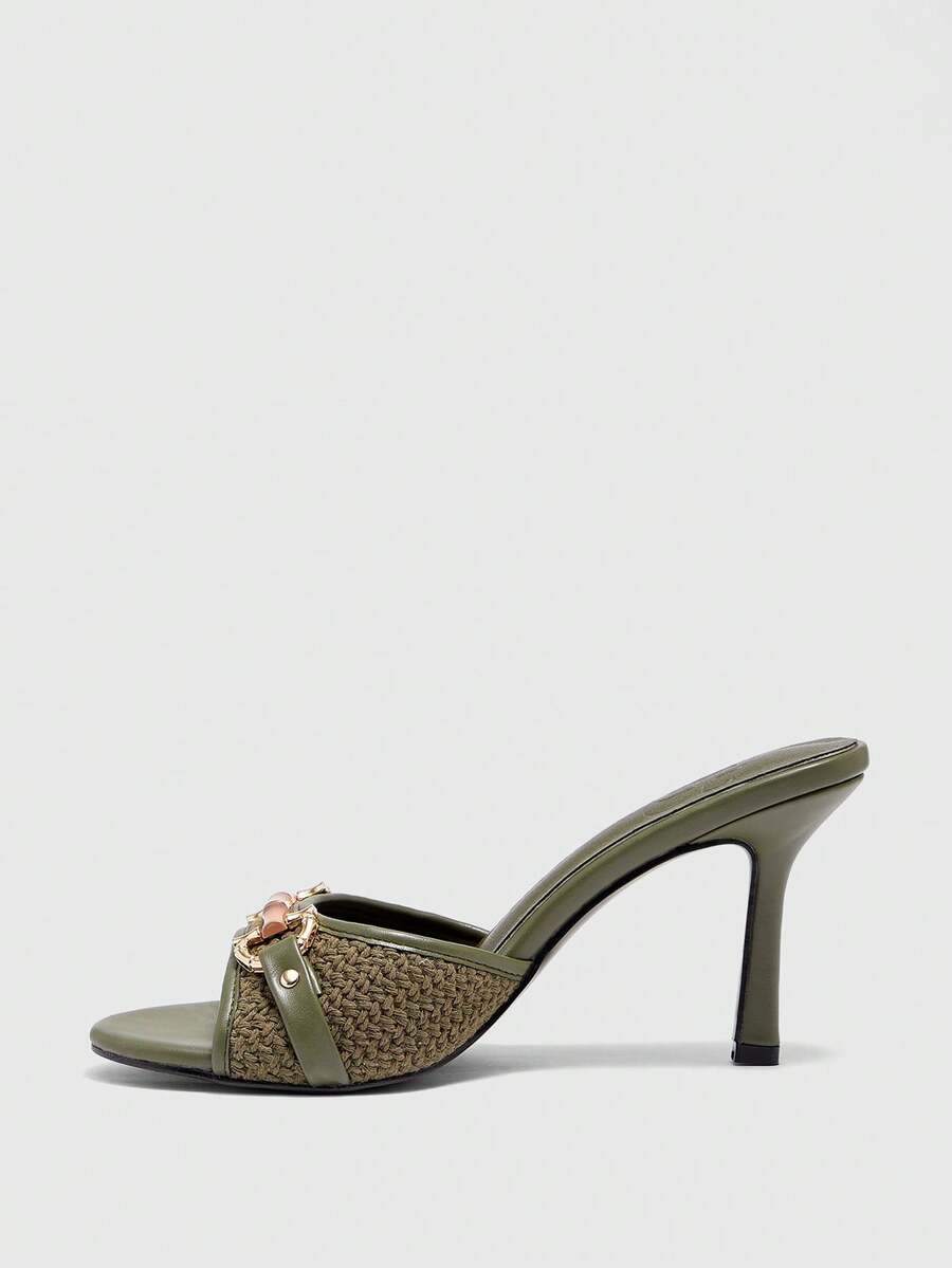 Women's beige high heel mule sandals with open round toe and metal chain detail