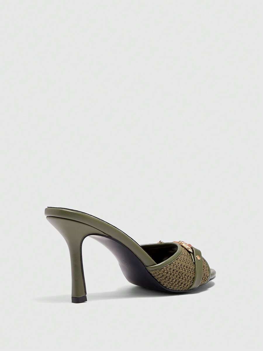 Women's beige high heel mule sandals with open round toe and metal chain detail