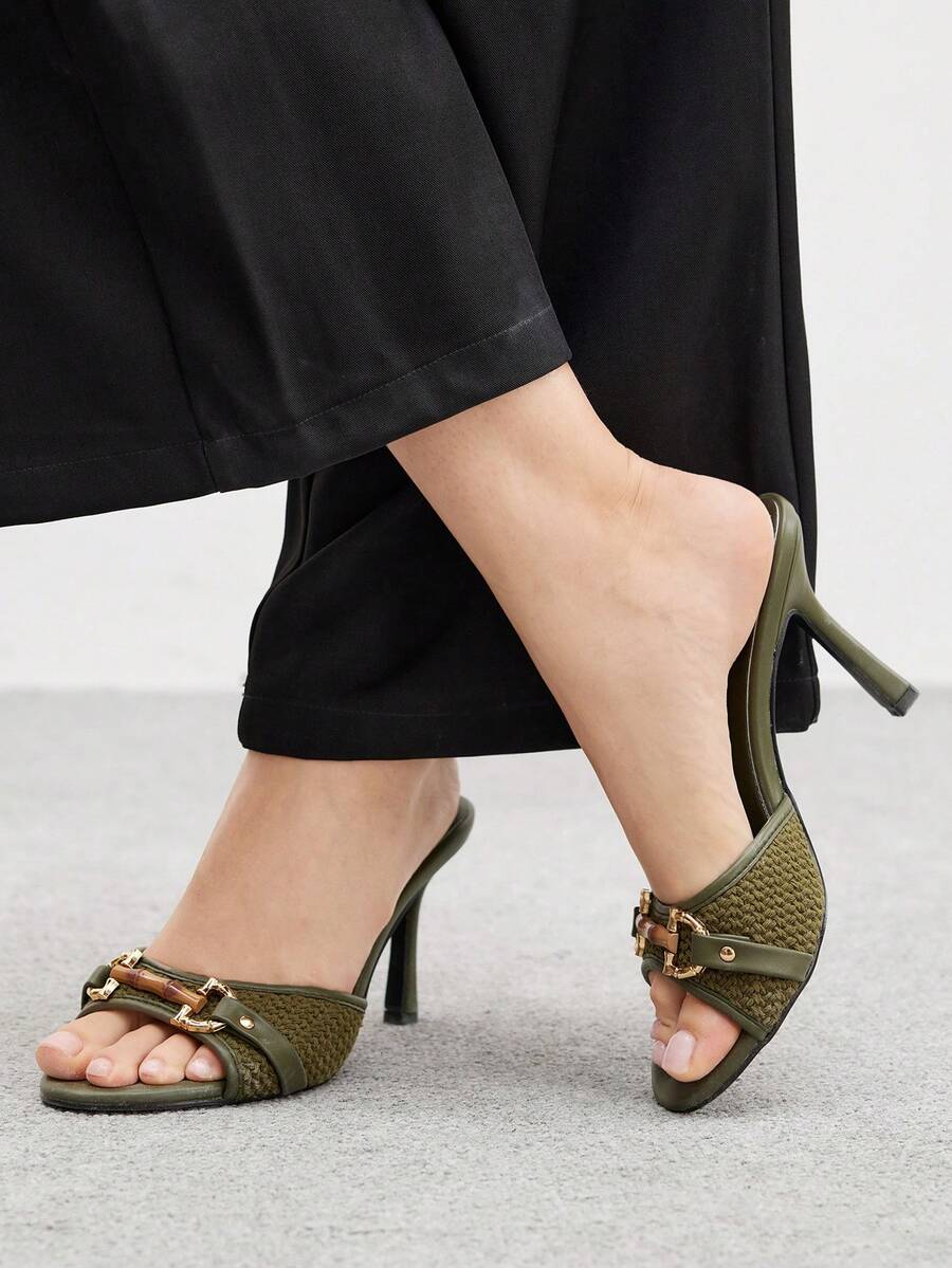 Women's beige high heel mule sandals with open round toe and metal chain detail