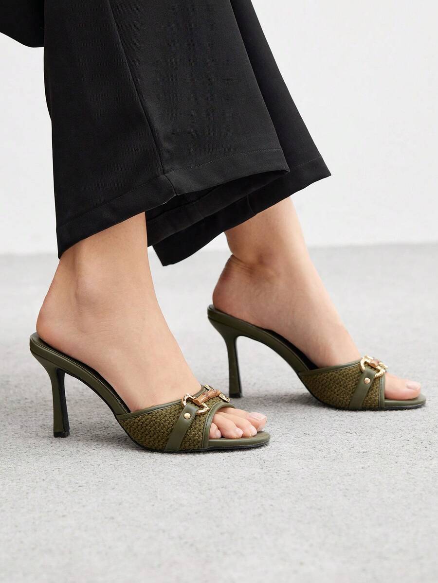 Women's beige high heel mule sandals with open round toe and metal chain detail