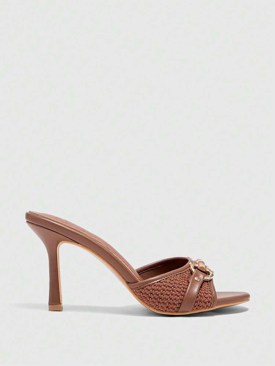 Women's beige high heel mule sandals with open round toe and metal chain detail