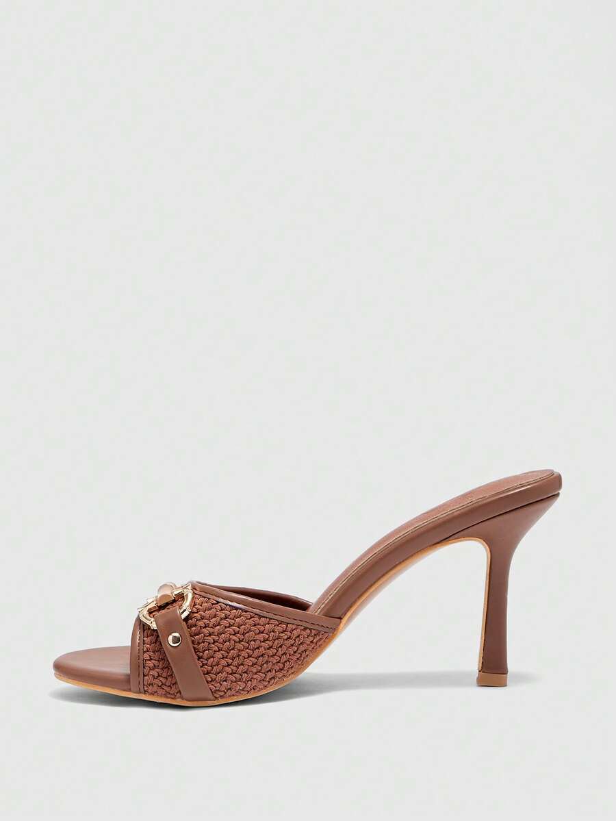 Women's beige high heel mule sandals with open round toe and metal chain detail