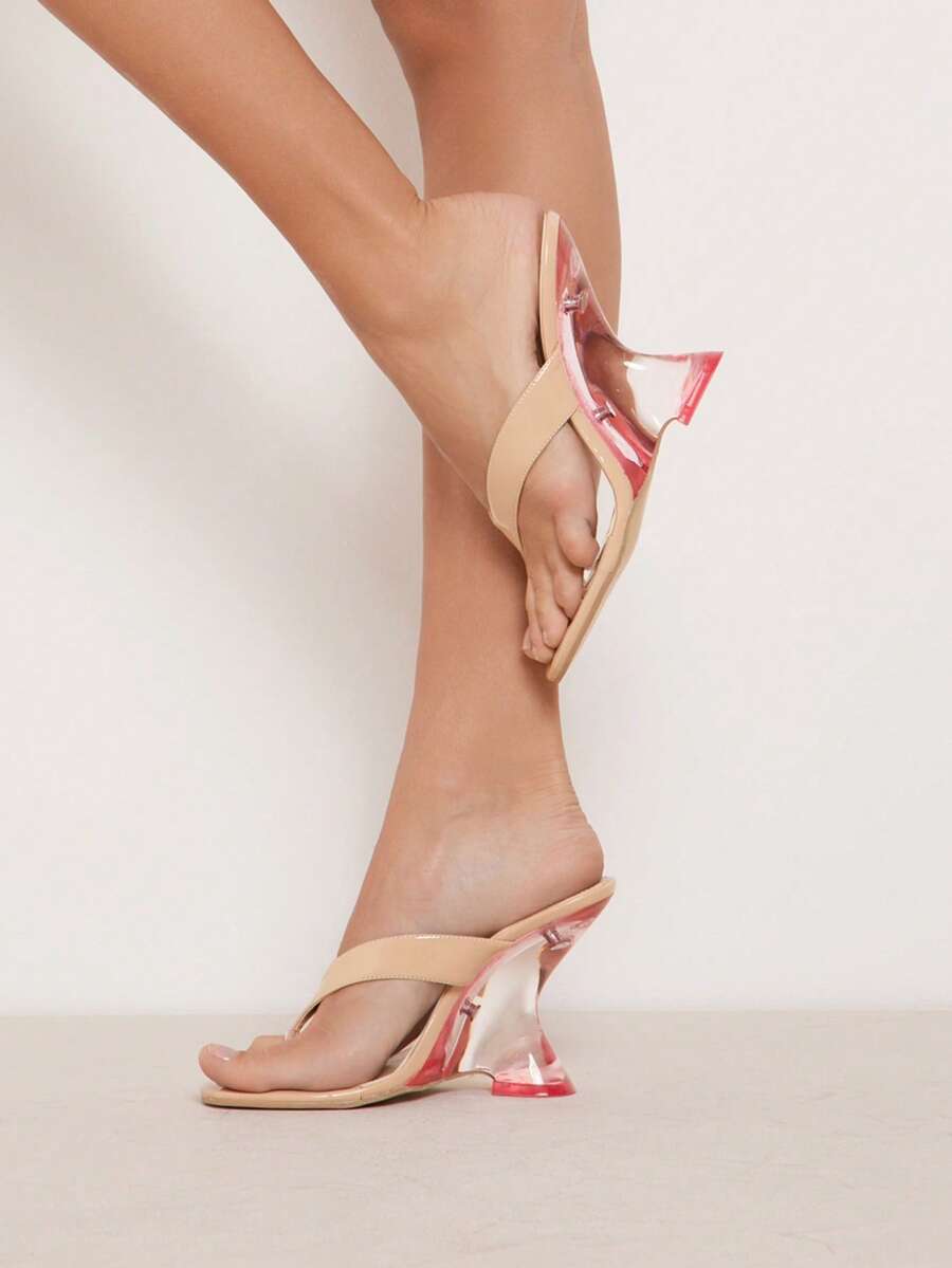 Women's slip-on thong strap wedge sandals featuring a high wedge heel and smooth PU leather upper.