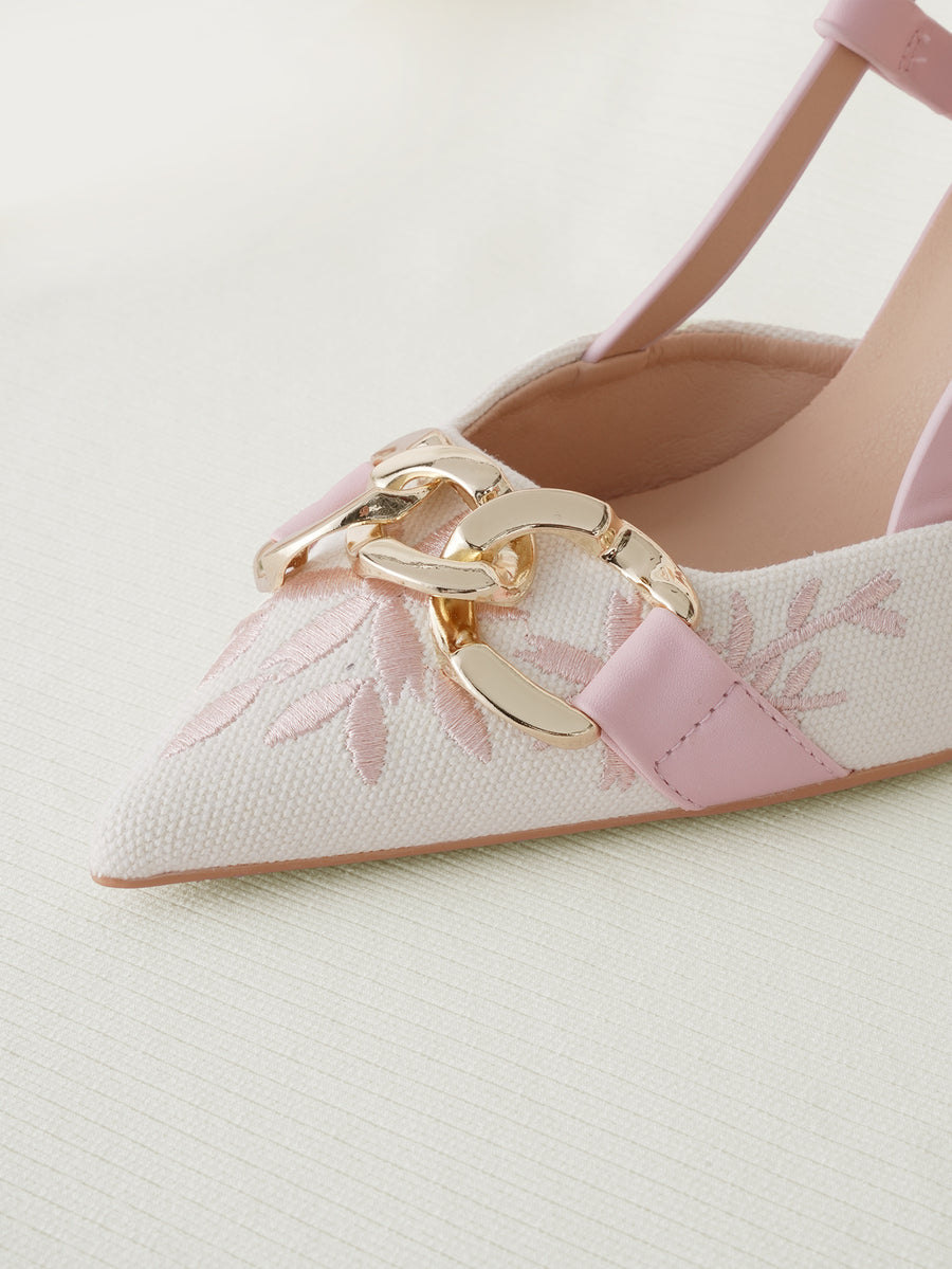 Baby pink embroidered pointed toe slingback high heel sandals with gold chain accent and stiletto heel